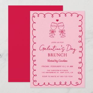 Invitación Brunch del Día de Galentine Rosa Rojo Dibujado a M