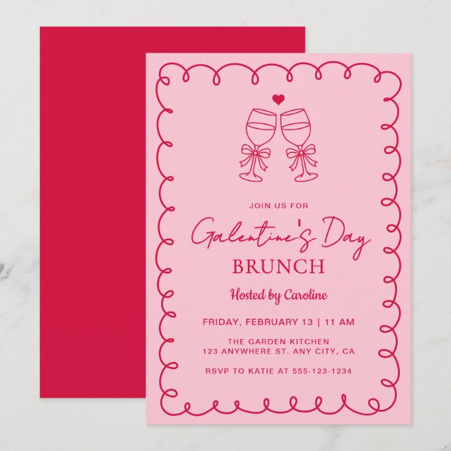 Invitación Brunch del Día de Galentine Rosa Rojo Dibujado a M (Anverso / Reverso)