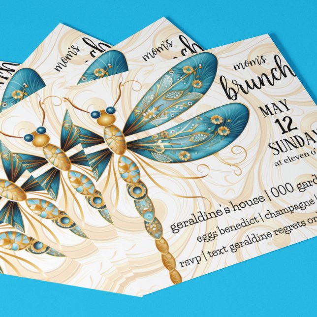 Invitación Brunch del Día de la Madre (Dragonfly in aqua and gold Mother's Day Brunch customizable invitation you can also download. )