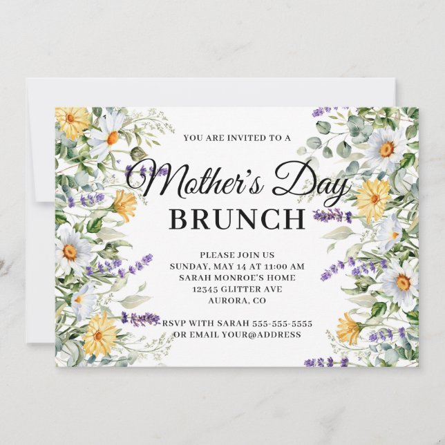 Invitación Brunch del Día de la Madre con acuarela de flores  (Anverso)