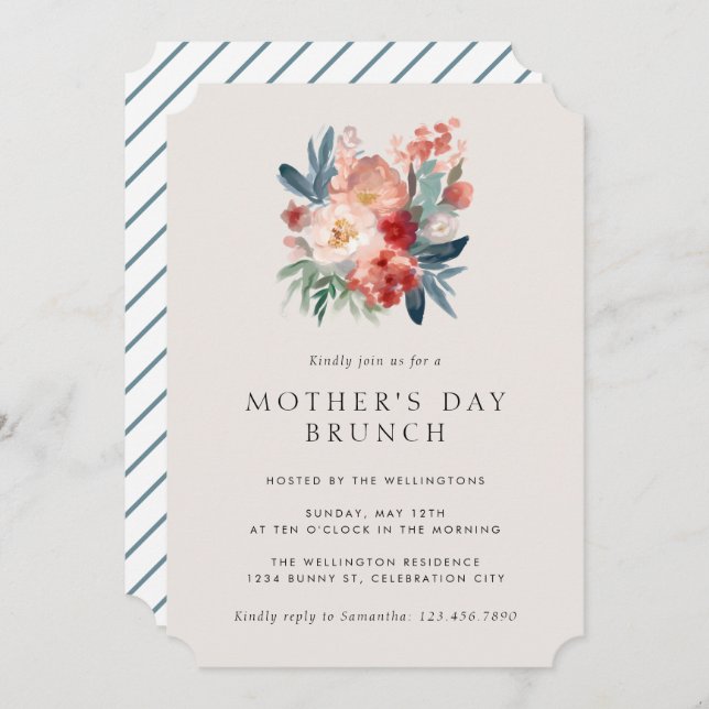 Invitación Brunch del Día de la Madre con acuarela floral (Anverso / Reverso)