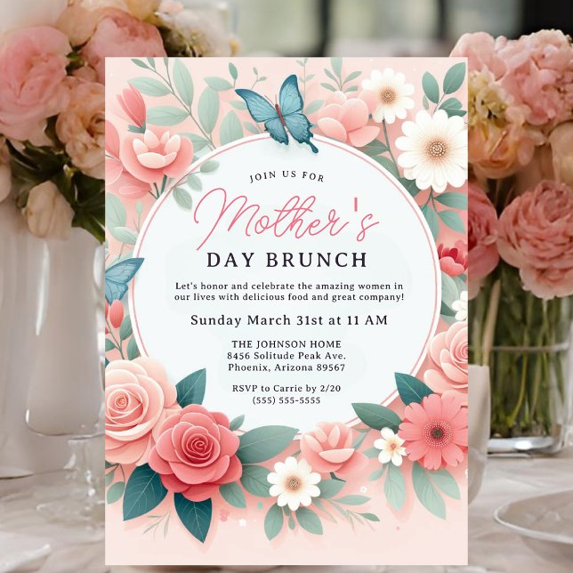 Invitación Brunch del Día de la Madre con Floral de primavera (Mother's Day Brunch card invitation)