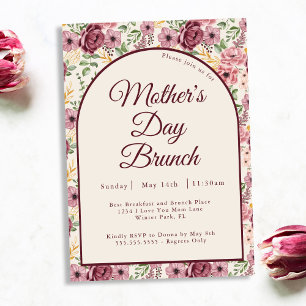 Invitación Brunch del Día de la Madre con Florales Rosados Bu