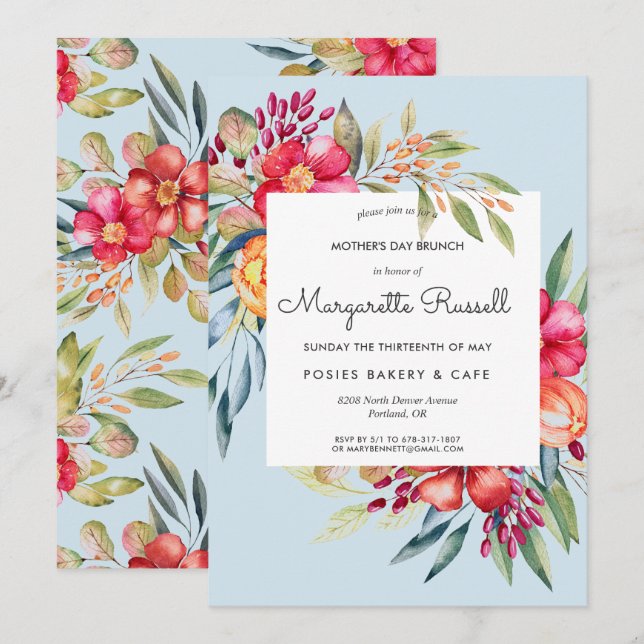 Invitación Brunch del Día de la Madre con Flores de Primavera (Anverso / Reverso)