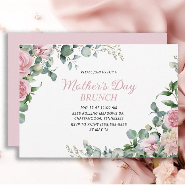 Invitación Brunch del Día de la Madre con flores rosadas (Pink roses Mother's Day Brunch invitation)