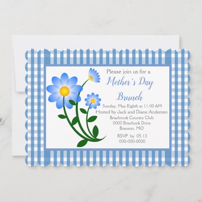 Invitación Brunch del Día de la Madre con Gingham Azul (Anverso)