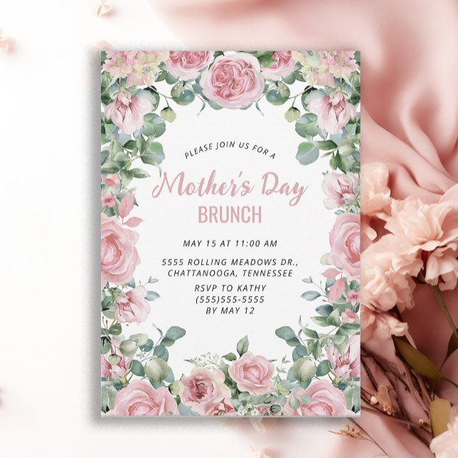 Invitación Brunch del Día de la Madre con marco floral rosado (Elegant pink roses Mother's Day Brunch invitation)