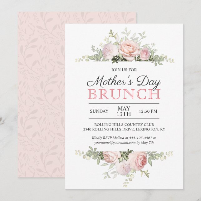 Invitación Brunch del Día de la Madre con Rosas Rosa Rosadas (Anverso / Reverso)