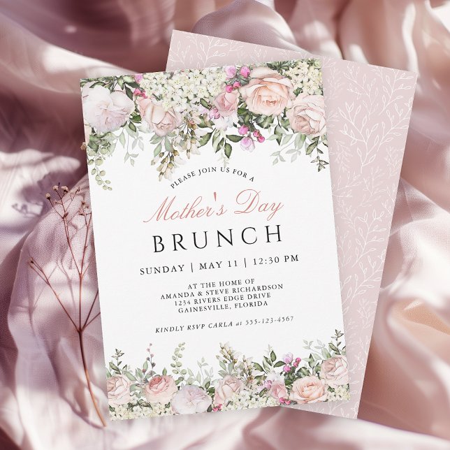 Invitación Brunch del Día de la Madre con rosas rosas filipin (Available in both printed and instant download digital formats.)