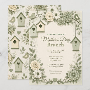 Invitación Brunch del Día de la Madre en crema y verde salvia