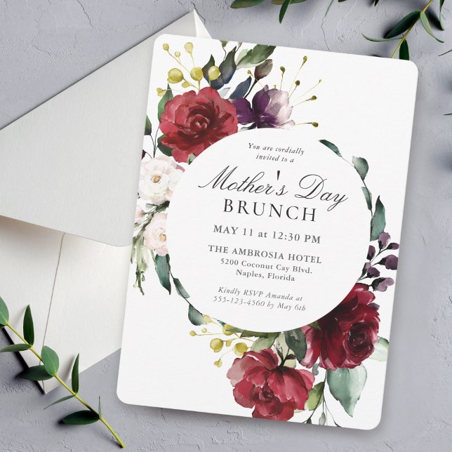 Invitación Brunch del Día de la Madre Floral Rojo y Púrpura E (Available in both printed and instant download digital formats.)