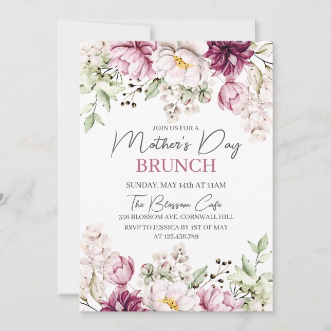 Invitación Brunch del Día de la Madre Morada Floral acuarela (Anverso)