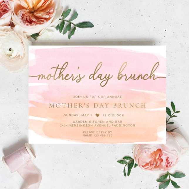 Invitación Brunch del Día de la Madre Naranja Rosa (Mothers Day Brunch Invitation Orange Pink Watercolour Gold )
