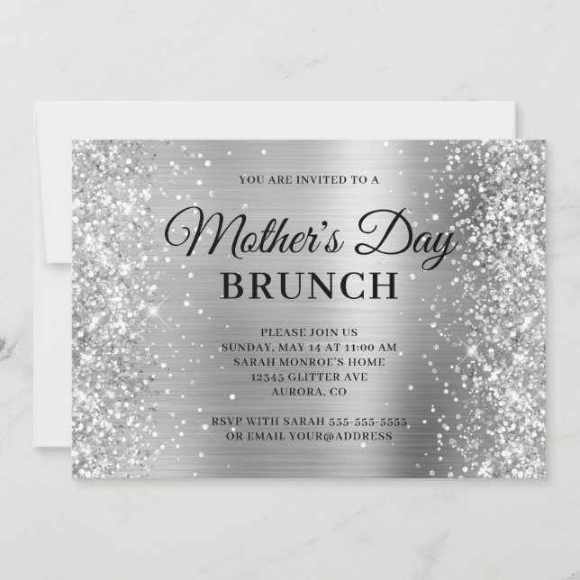 Invitación Brunch del Día de la Madre Purpurina de Plata y Re (Anverso)