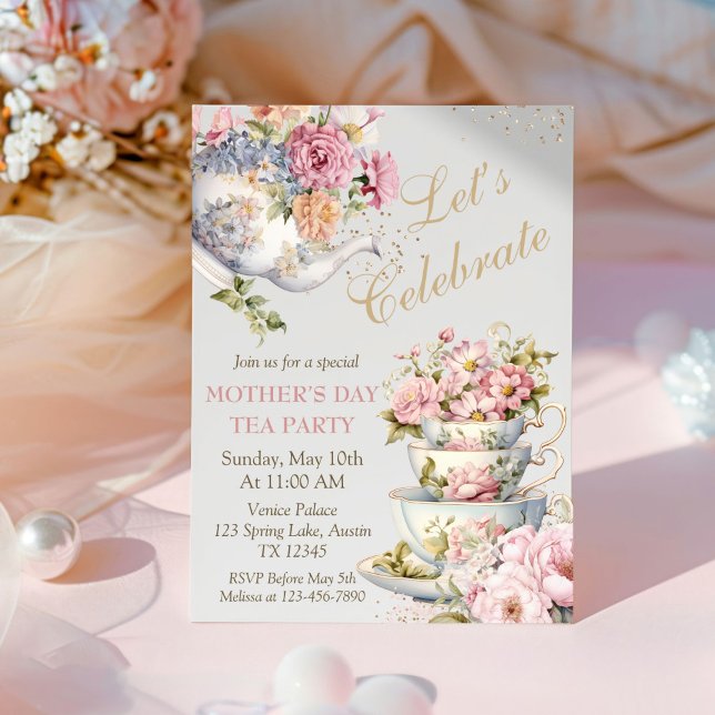 Invitación Brunch del Día de la Madre Té Party Floral (Elegant Floral Mother's Day Tea Party Invitation)