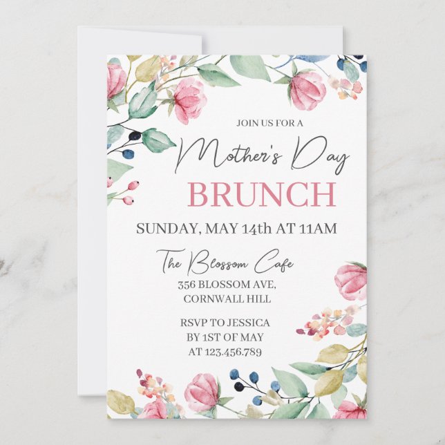 Invitación Brunch del Día de la Madre Verdor Floral Rosa (Anverso)