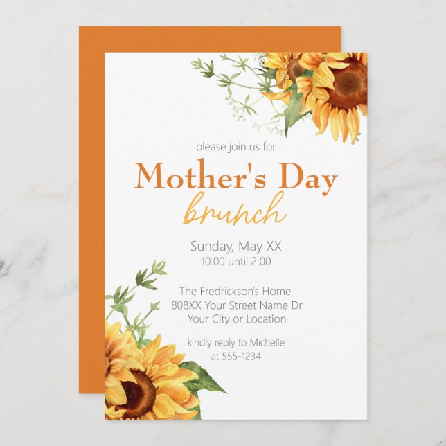 Invitación Brunch del Día de las Madres con girasoles acuarel (Anverso / Reverso)