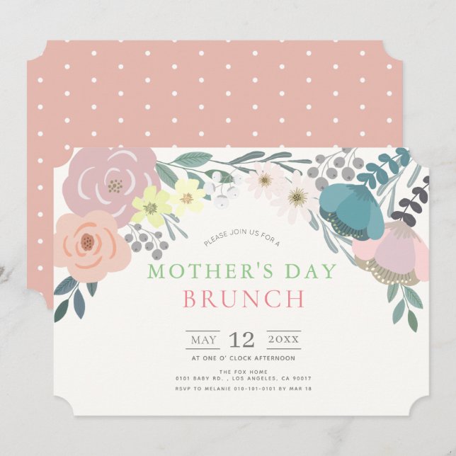 Invitación Brunch del Día de las Madres Florales de Primavera (Anverso / Reverso)