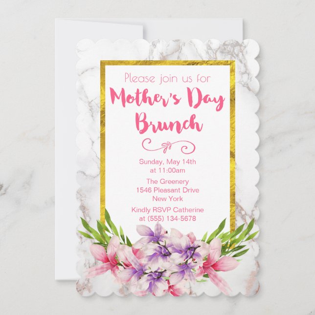 Invitación Brunch del Día de las Madres Rosa y Morado Magnoli (Anverso)