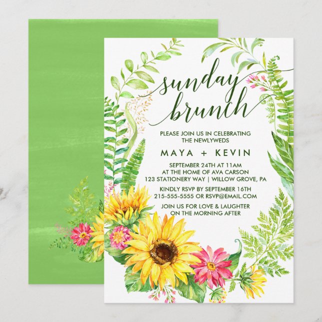 Invitación Brunch Domingo de Boda de la guirnalda del girasol (Anverso / Reverso)
