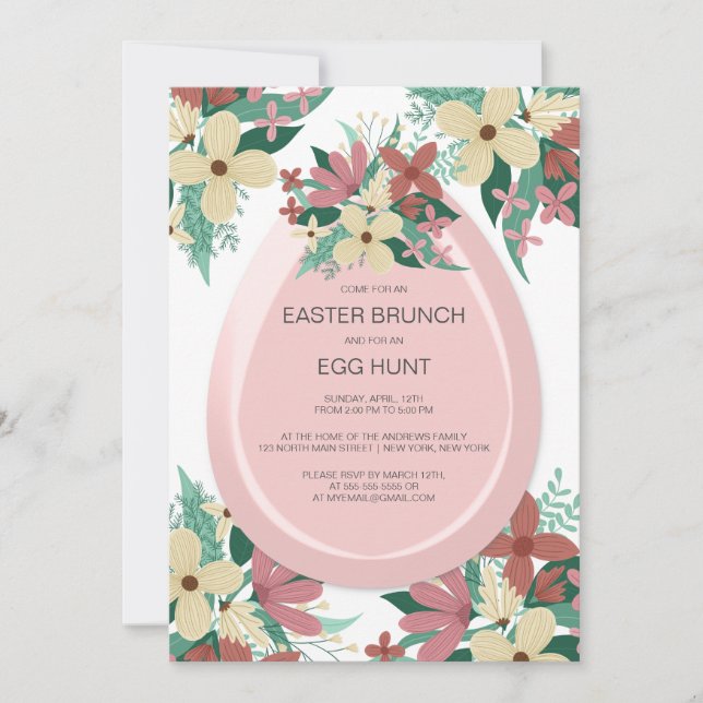 Invitación Brunch Egg Hunt Ilustracion Floral Rosa Pascua (Anverso)