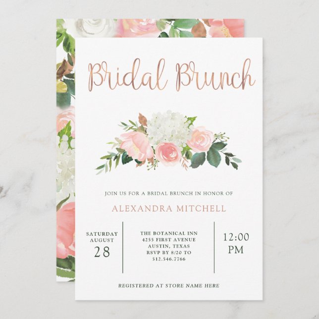 Invitación Brunch el | nupcial floral del verdor y del rosa (Anverso / Reverso)