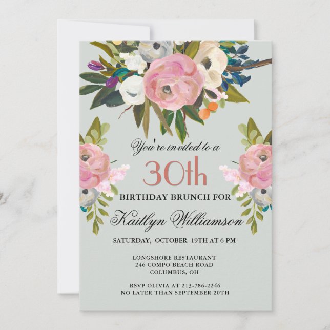 Invitación Brunch Elegant Handpainted Floral 30th Birthday  (Anverso)