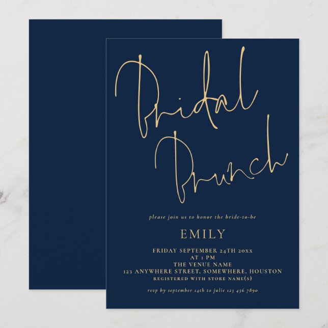 Invitación Brunch elegante con ducha de novia dorada de la Ma (Anverso / Reverso)