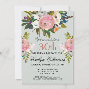 Invitación Brunch Elegante Cumpleaños 30 Floral Pintado a Man