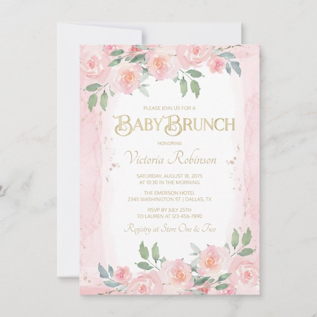 Invitación Brunch Elegante de Bebé Floral con Acuarela Rosa y (Anverso)