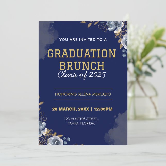 Invitación Brunch Elegante Desayuno De Graduación Floral Para (Anverso de pie)