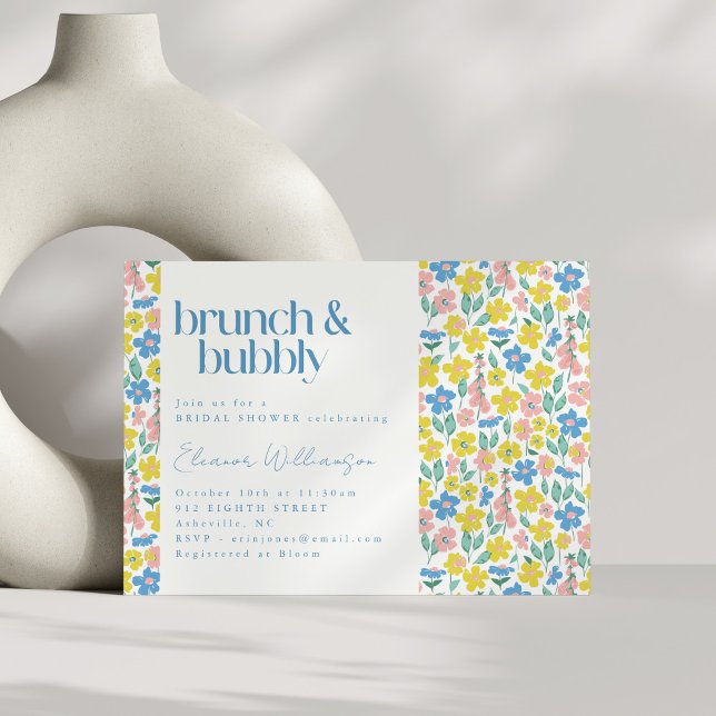 Invitación Brunch floral azul dulce y amarillo burbujeante (Subido por el creador)