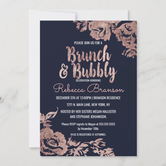 Invitación Brunch floral azul marino y Rosa dorado y burbujea (Anverso)