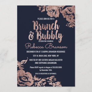 Invitación Brunch floral azul marino y Rosa dorado y burbujea