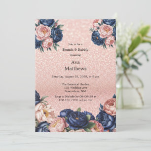 Invitación Brunch floral azul marino y Rosa dorado y burbujea