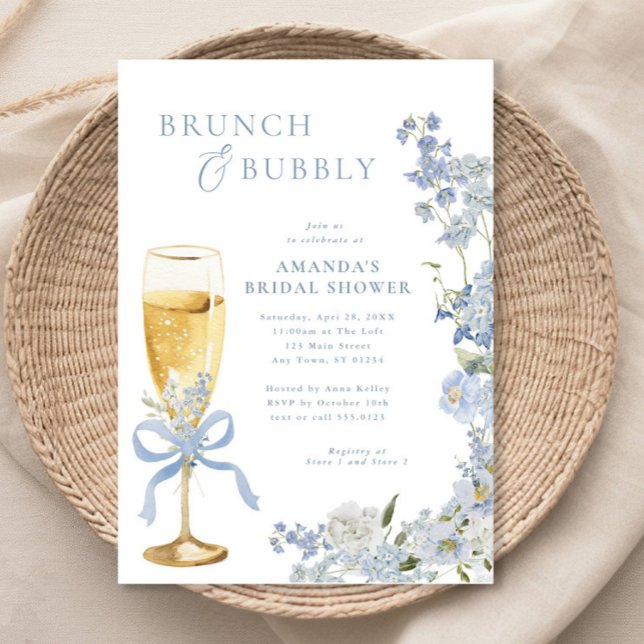 Invitación Brunch floral azul y cristal de champán burbujeant (Subido por el creador)