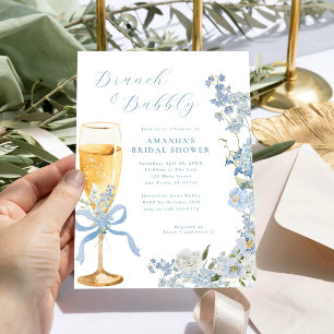Invitación Brunch floral azul y cristal de champán burbujeant