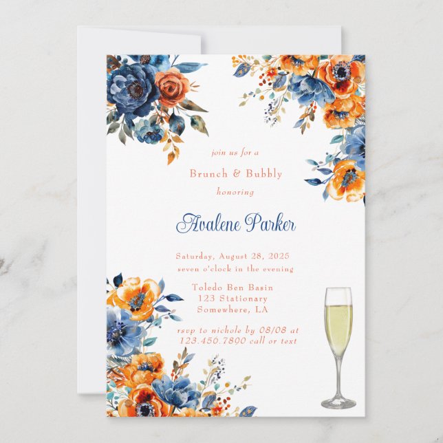 Invitación Brunch floral azul y Naranja (Anverso)