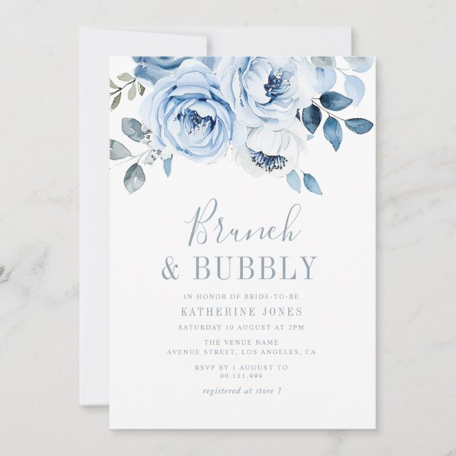 Invitación brunch floral azul y polvoriento (Anverso)