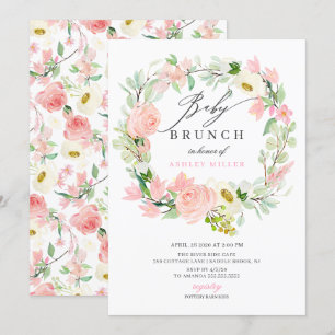 Invitación Brunch Floral Baby Shower de color rosa de agua