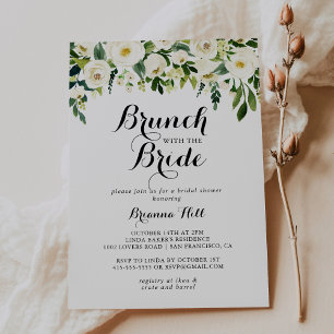 Invitación Brunch floral blanco verde con ducha de novia