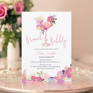 Invitación Brunch floral con mano y ducha de novias con burbu