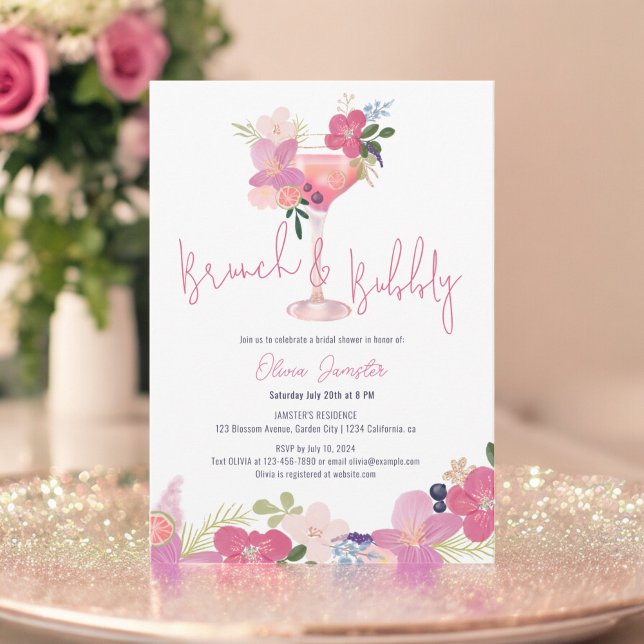 Invitación Brunch floral con mano y ducha de novias con burbu (Hand Drawn Floral Brunch and Bubbly Bridal Shower Invitation)