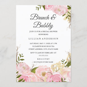 Invitación Brunch floral de acuarela con rubor rosa y burbuja