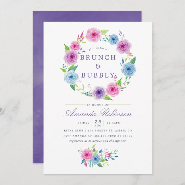 Invitación Brunch floral de acuarela ultra violeta y burbujea (Anverso / Reverso)