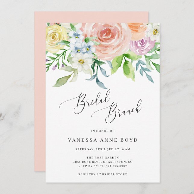 Invitación Brunch floral de boda con flores de acuarela de du (Anverso / Reverso)