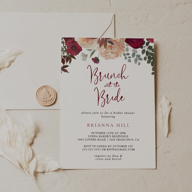 Invitación Brunch floral de Borgoña con ducha de novia (Subido por el creador)