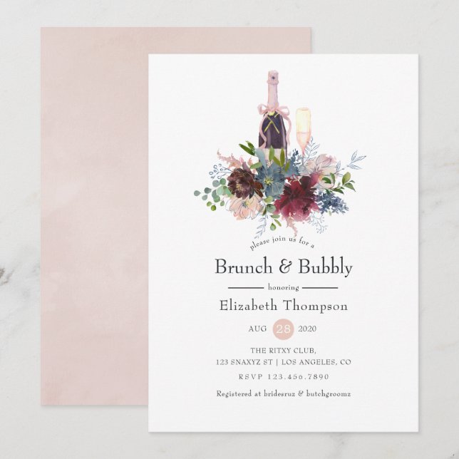 Invitación Brunch floral de Borgoña y Rubor y burbuja (Anverso / Reverso)