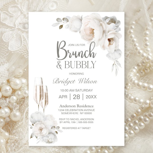 Invitación Brunch floral de invierno blanco y burbujeante (Subido por el creador)