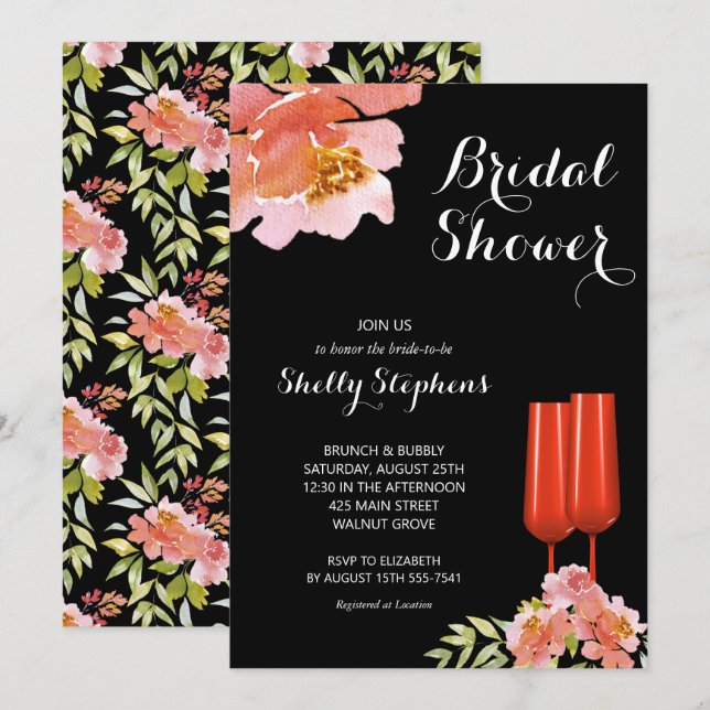 Invitación Brunch floral de moda y ducha de novia burbujeante (Anverso / Reverso)